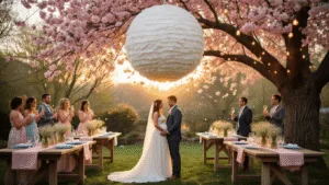 A dreamy backyard gender reveal party at golden hour, featuring a large white piñata from a cherry blossom tree, vintage farm tables with pink and blue decorations, elegantly dressed guests with champagne glasses, and a rustic dessert table with color-coordinated treats.