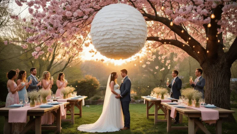 A dreamy backyard gender reveal party at golden hour, featuring a large white piñata from a cherry blossom tree, vintage farm tables with pink and blue decorations, elegantly dressed guests with champagne glasses, and a rustic dessert table with color-coordinated treats.