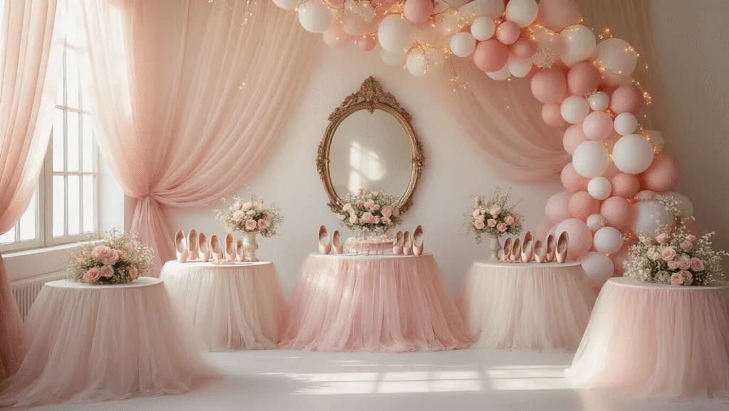 A dreamy ballet-themed birthday party setup in a sunlit studio, featuring blush pink tulle drapes, round tables with ombré pink skirts, vintage pointe shoes with fresh flowers, a pastel balloon garland, fairy lights, and a tiered cake stand with ballet-themed cupcakes, all captured in soft pastel tones with a cinematic feel.