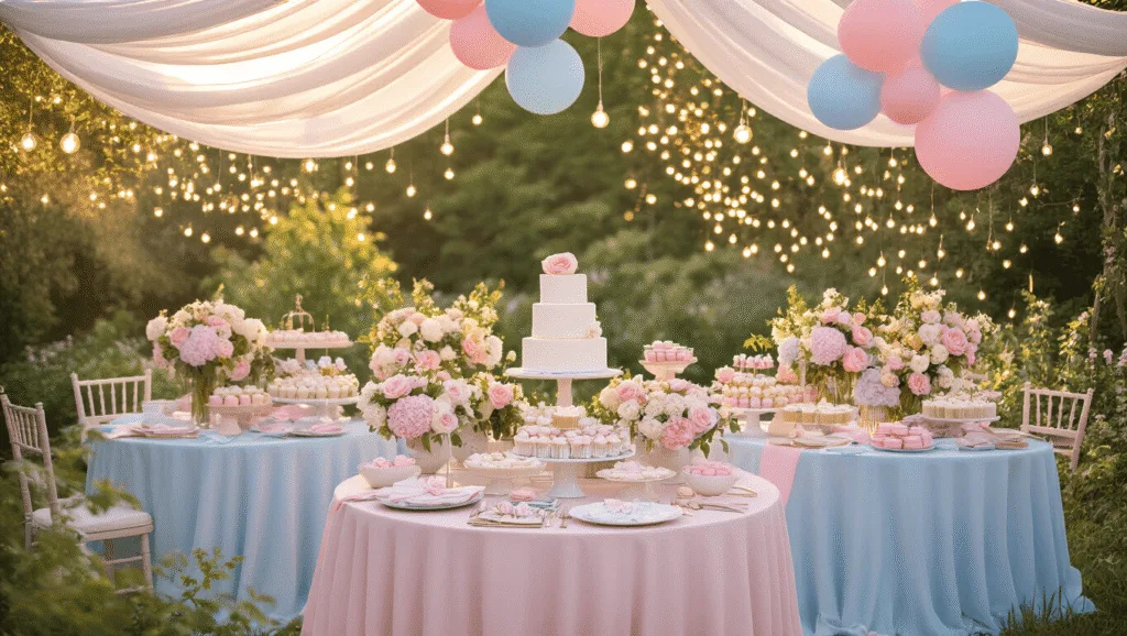 A dreamy garden party setup with blush pink and powder blue silk linens, lush floral centerpieces, and an elegant dessert table featuring a 3-tier white cake, photographed during golden hour with warm lighting and a magical atmosphere.