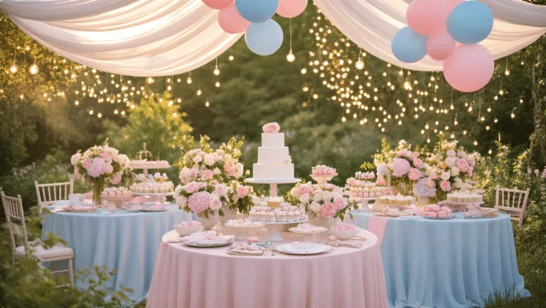 A dreamy garden party setup with blush pink and powder blue silk linens, lush floral centerpieces, and an elegant dessert table featuring a 3-tier white cake, photographed during golden hour with warm lighting and a magical atmosphere.