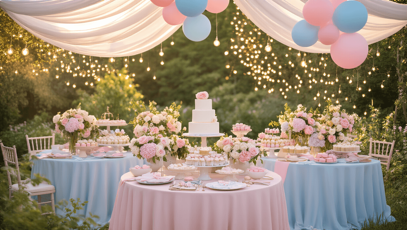 A dreamy garden party setup with blush pink and powder blue silk linens, lush floral centerpieces, and an elegant dessert table featuring a 3-tier white cake, photographed during golden hour with warm lighting and a magical atmosphere.
