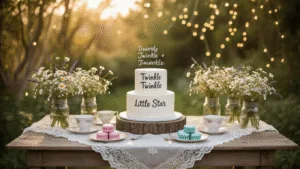 A whimsical garden setup for a gender reveal party featuring a rustic farmhouse table with a lace tablecloth, mason jars of flowers, pastel macarons, a two-tiered cake with "Twinkle Twinkle Little Star," fairy lights, and a chalkboard sign reading "Boy or Girl?" illuminated by golden hour sunlight.