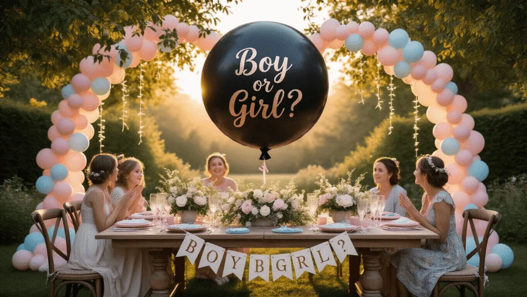 A dreamy gender reveal party in a garden at sunset, featuring a grand farmhouse table with blush and blue linens, a large black reveal balloon, twinkling fairy lights, and fresh flower centerpieces, all bathed in warm golden light.