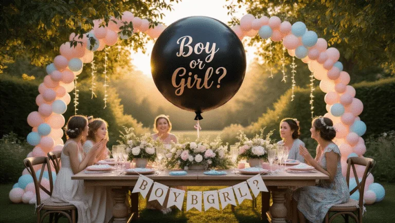 A dreamy gender reveal party in a garden at sunset, featuring a grand farmhouse table with blush and blue linens, a large black reveal balloon, twinkling fairy lights, and fresh flower centerpieces, all bathed in warm golden light.