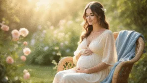 A dreamy portrait of an expectant mother in a flowing cream midi dress, seated in a vintage wicker chair amidst a sunlit garden, with soft pastel tones and dappled light creating an ethereal, romantic atmosphere.