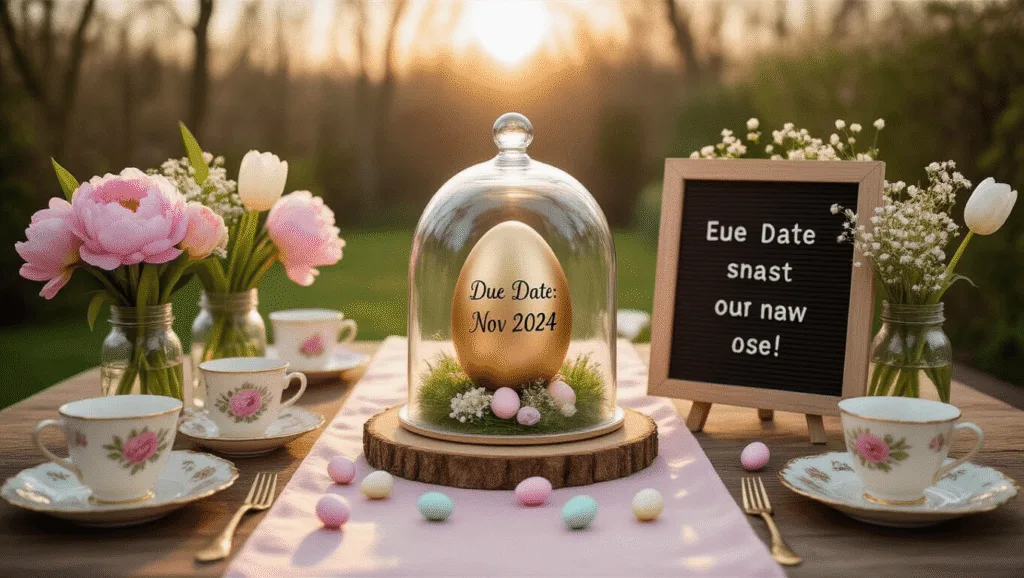 A dreamy garden brunch setup featuring a vintage wooden table with a glass cloche holding a golden egg labeled "Due Date: Nov 2024," surrounded by spring flowers, teacups, mini pastel eggs, a letterboard that reads "Egg-specting!", and knitted baby booties, all softly illuminated by string lights and dappled sunlight.