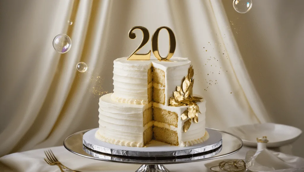 Two-tiered birthday cake with white buttercream frosting, gold "20" topper, and gold leaf accents, displayed on a silver stand with champagne bubbles in the background.