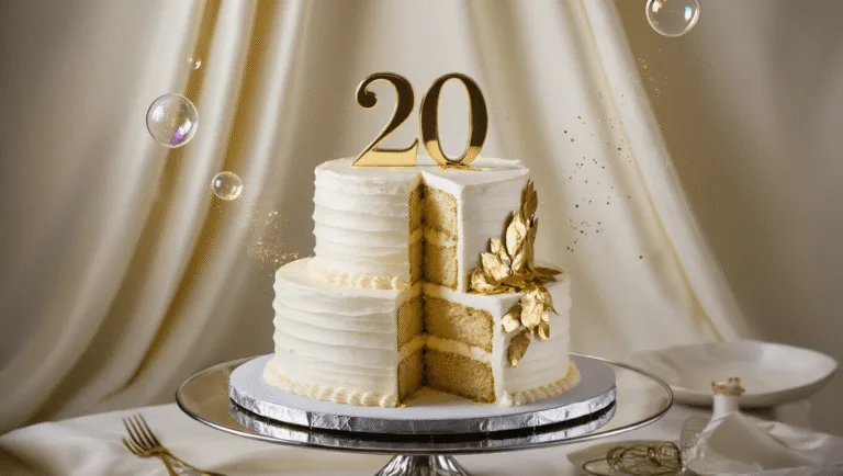 Two-tiered birthday cake with white buttercream frosting, gold "20" topper, and gold leaf accents, displayed on a silver stand with champagne bubbles in the background.