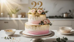 A luxurious two-tiered birthday cake with pastel pink and white ombre frosting, golden drips, and a metallic "22" topper, elegantly displayed on a silver stand in a sunlit modern kitchen, surrounded by fresh flowers and baking tools.