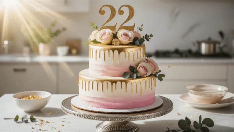 A luxurious two-tiered birthday cake with pastel pink and white ombre frosting, golden drips, and a metallic "22" topper, elegantly displayed on a silver stand in a sunlit modern kitchen, surrounded by fresh flowers and baking tools.