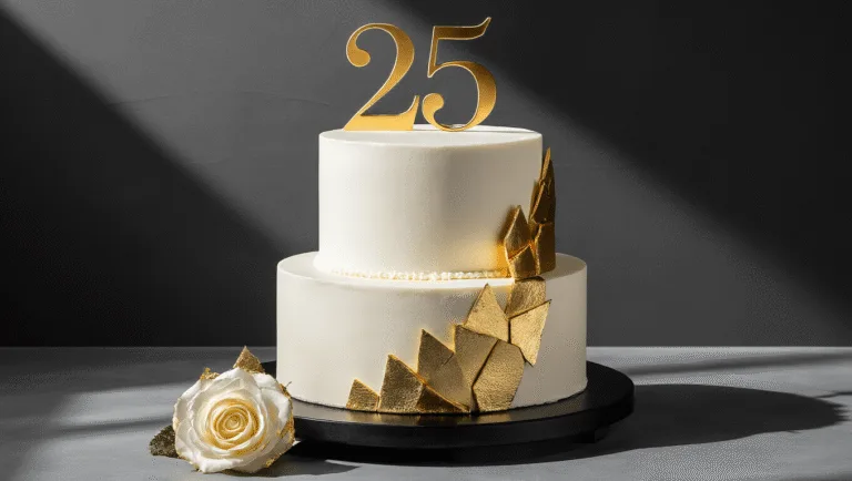 A luxurious three-tiered 25th birthday cake with white buttercream frosting, gold leaf accents, and a gold "25" topper, displayed on a matte black cake stand, captured in dramatic lighting against a deep charcoal gradient background.