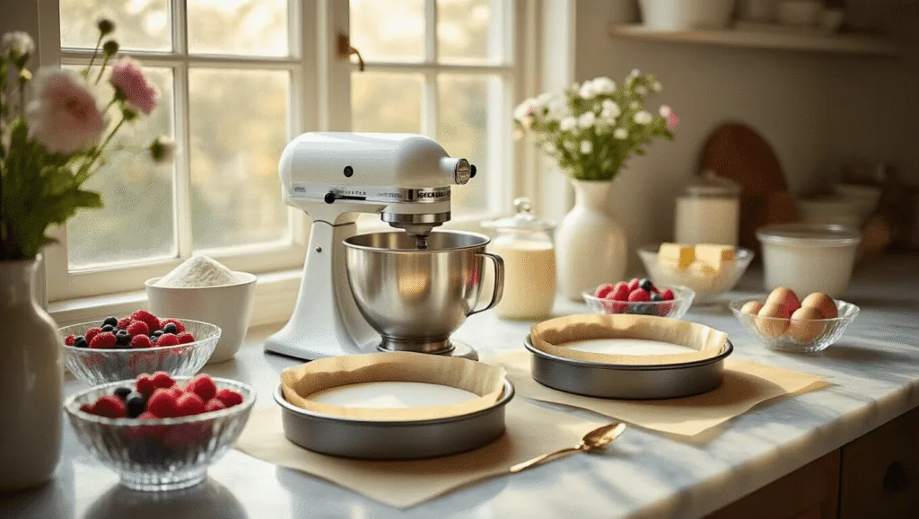 Photorealistic image of a professional baking workspace featuring marble countertops with cake pans, high-end mixer, organized ingredients, fresh berries and edible flowers in crystal bowls, gold leaf accents, and vintage measuring tools, all bathed in warm, diffused morning light.