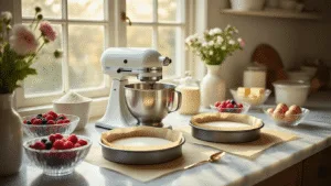 Photorealistic image of a professional baking workspace featuring marble countertops with cake pans, high-end mixer, organized ingredients, fresh berries and edible flowers in crystal bowls, gold leaf accents, and vintage measuring tools, all bathed in warm, diffused morning light.