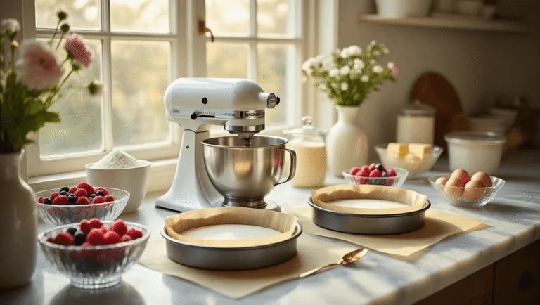 Photorealistic image of a professional baking workspace featuring marble countertops with cake pans, high-end mixer, organized ingredients, fresh berries and edible flowers in crystal bowls, gold leaf accents, and vintage measuring tools, all bathed in warm, diffused morning light.