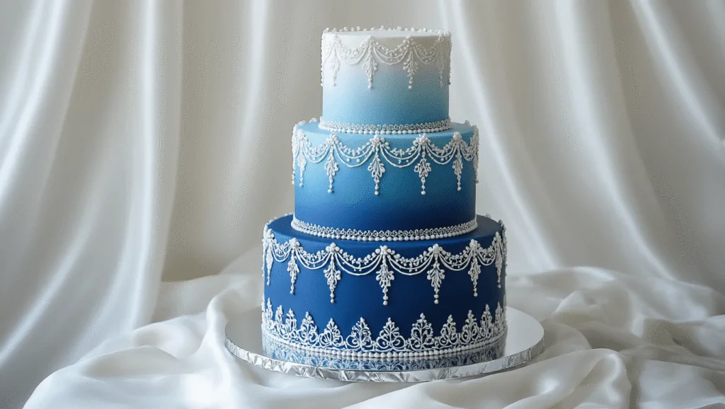 A photorealistic three-tiered wedding cake with a blue to navy gradient buttercream finish, intricate white royal icing lace piping, and silver sugar pearls, displayed on a mirrored silver cake stand against a silk backdrop, captured in soft natural light.