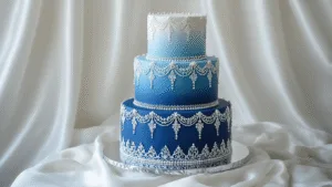 Blue Wedding Cake: The Ultimate Elegant Celebration Centerpiece A photorealistic three-tiered wedding cake with a blue to navy gradient buttercream finish, intricate white royal icing lace piping, and silver sugar pearls, displayed on a mirrored silver cake stand against a silk backdrop, captured in soft natural light.