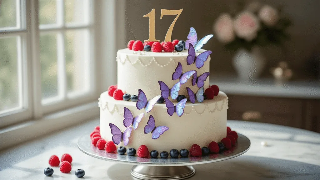 A photorealistic two-tiered birthday cake adorned with pastel iridescent butterflies, metallic gold "17" topper, and fresh berries, elegantly displayed on a silver pedestal against a soft bokeh background.