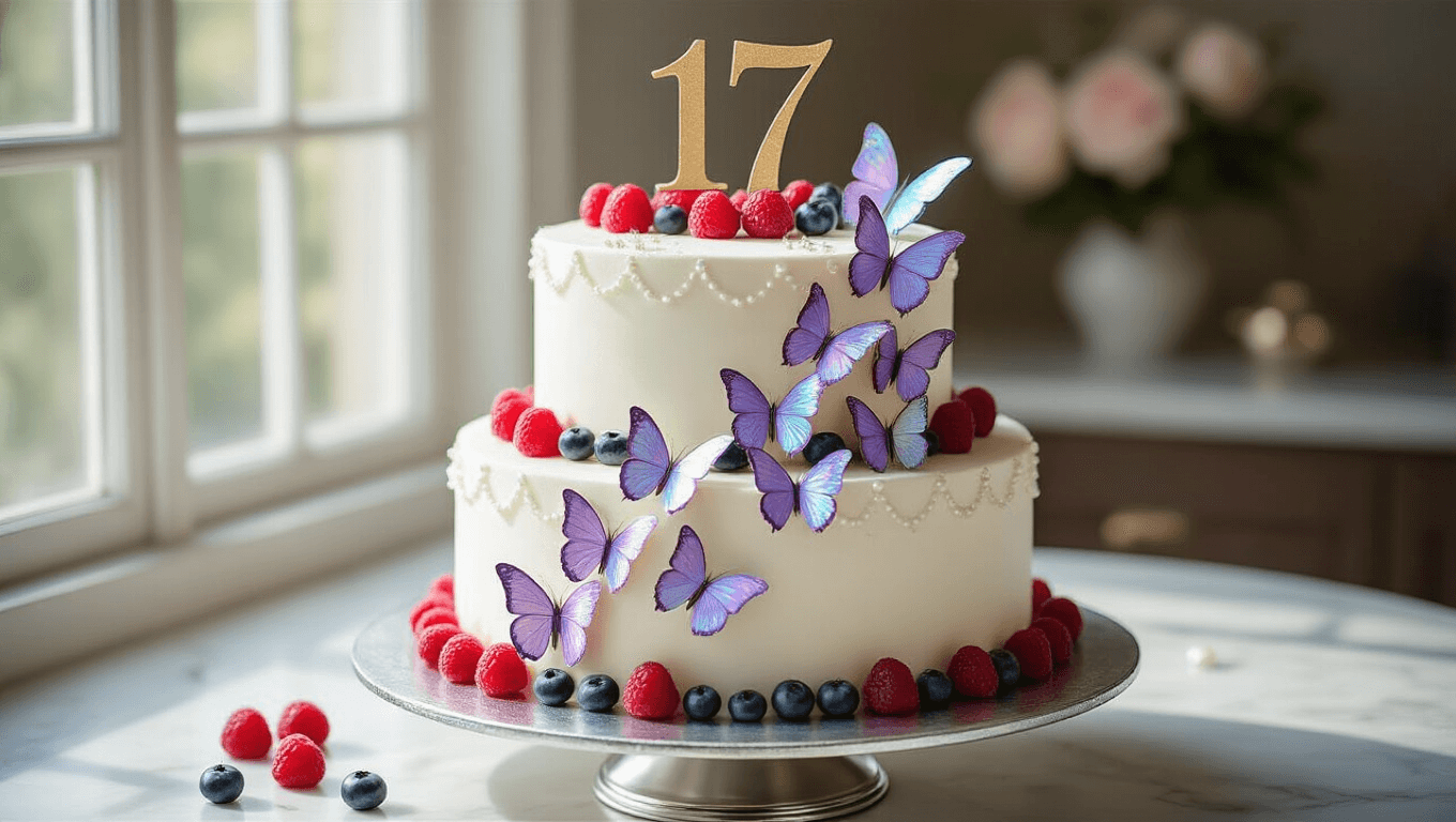 A photorealistic two-tiered birthday cake adorned with pastel iridescent butterflies, metallic gold "17" topper, and fresh berries, elegantly displayed on a silver pedestal against a soft bokeh background.