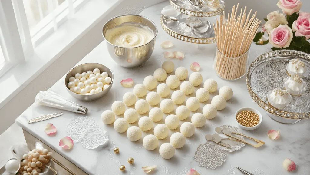 Cinematic overhead shot of an elegant wedding cake pop preparation station featuring white cake balls, pearl-white melted chocolate, gold-handled lollipop sticks, scattered edible pearls, and rose petals on a marble countertop, with professional baking tools and a mirrored display stand, captured in ultra-detailed 8K resolution.