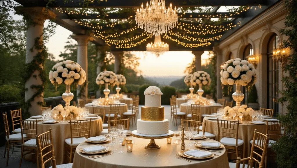 A luxurious garden terrace celebration at golden hour, featuring elegant tables with champagne silk linens, towering floral arrangements, gold Chiavari chairs, crystal chandeliers, a three-tier golden anniversary cake, and vintage photos, all bathed in warm sunset light and soft bokeh.