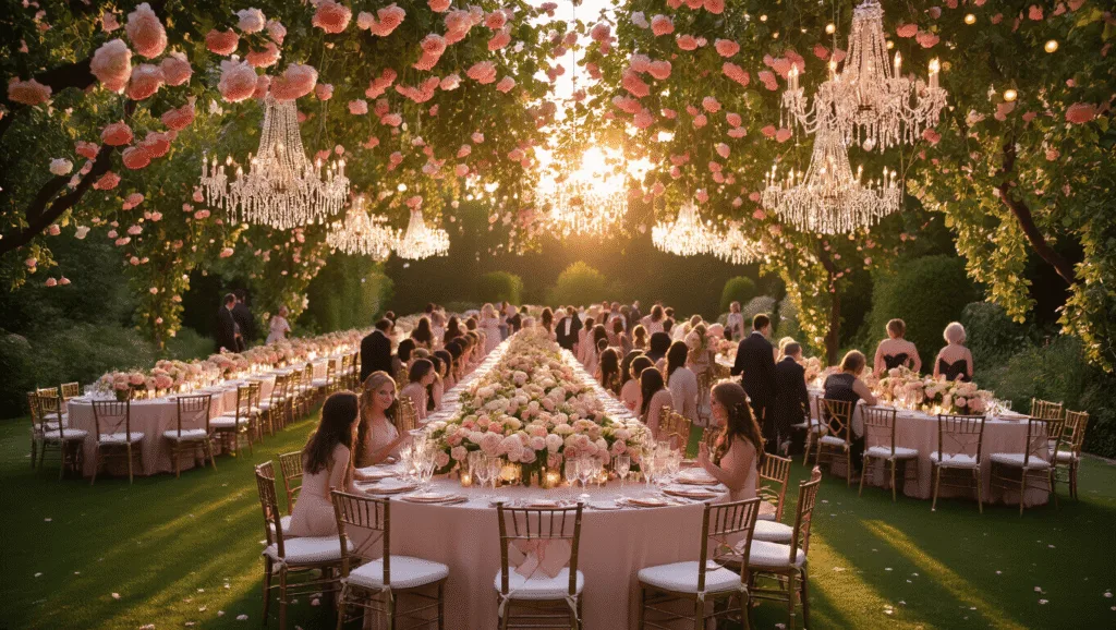 50+ Heartwarming Wedding Anniversary Wishes: Celebrate Love in Every Word Cinematic overhead view of an elegant garden anniversary celebration at golden hour, featuring blush pink and cream banquet tables, crystal chandeliers, lush floral centerpieces, vintage champagne glasses, and guests mingling beneath a canopy of string lights.
