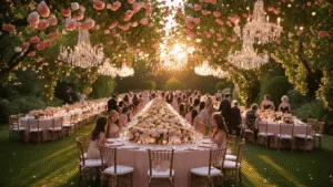 50+ Heartwarming Wedding Anniversary Wishes: Celebrate Love in Every Word Cinematic overhead view of an elegant garden anniversary celebration at golden hour, featuring blush pink and cream banquet tables, crystal chandeliers, lush floral centerpieces, vintage champagne glasses, and guests mingling beneath a canopy of string lights.