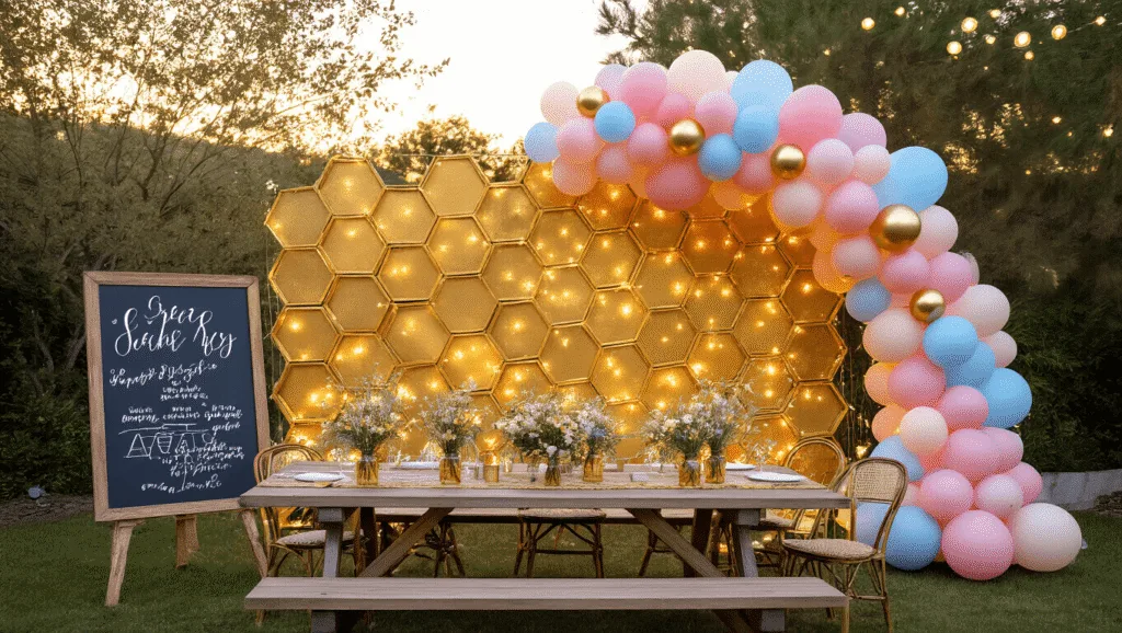 A cinematic wide shot of an elegant gender reveal party in a whimsical backyard, featuring a honeycomb backdrop, rustic picnic tables with wildflower centerpieces, a balloon arch in pink and blue, and a beehive-themed cake, all bathed in warm golden hour lighting.