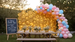 A cinematic wide shot of an elegant gender reveal party in a whimsical backyard, featuring a honeycomb backdrop, rustic picnic tables with wildflower centerpieces, a balloon arch in pink and blue, and a beehive-themed cake, all bathed in warm golden hour lighting.