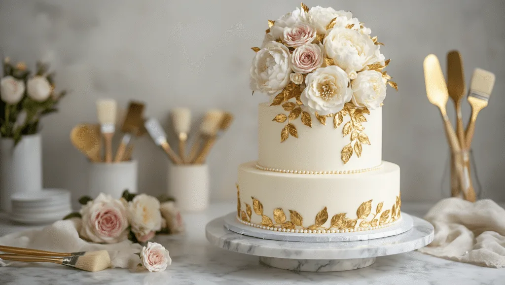 Luxurious three-tiered wedding cake with gold leaf decoration and sugar flowers on a marble stand, captured with dramatic lighting and selective focus.