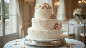 Photorealistic three-tiered heart-shaped wedding cake on a silver stand, adorned with white buttercream, intricate lace piping, blush pink and pearl white sugar flowers, and edible gold leaf accents. Captured in soft natural light with a blurred luxury venue background and subtle shadows, emphasizing cake details and texture.