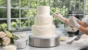 A professional bakery workspace with a three-tiered white wedding cake adorned with cascading edible pearls, a pastry chef's gloved hands placing pearls using silver tweezers, and organized baking tools on a marble countertop, all bathed in soft natural light.