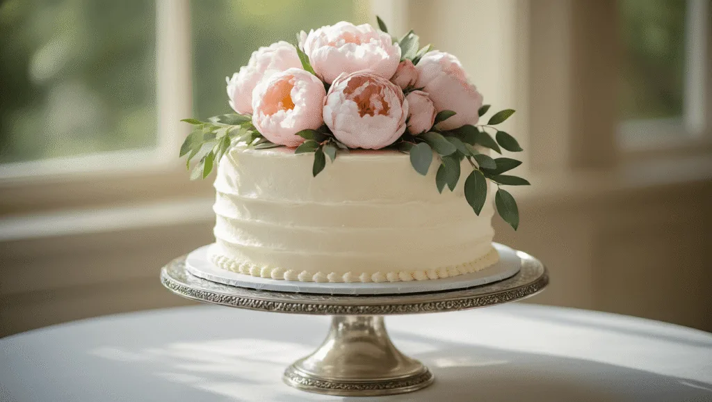 An elegant single-tier wedding cake on an antique silver stand, adorned with white buttercream frosting, pale pink peonies, and silvery eucalyptus, captured in soft golden afternoon light with intricate details and edible pearl accents.