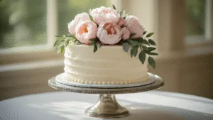 An elegant single-tier wedding cake on an antique silver stand, adorned with white buttercream frosting, pale pink peonies, and silvery eucalyptus, captured in soft golden afternoon light with intricate details and edible pearl accents.