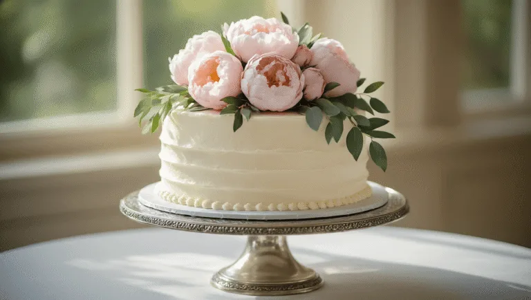 An elegant single-tier wedding cake on an antique silver stand, adorned with white buttercream frosting, pale pink peonies, and silvery eucalyptus, captured in soft golden afternoon light with intricate details and edible pearl accents.