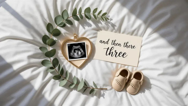 A minimalist pregnancy announcement flatlay featuring a black and white ultrasound in a gold heart frame, cream leather baby moccasins, a sprig of eucalyptus, and a hand-lettered card reading "And then there were three," all on a white duvet with soft morning light.