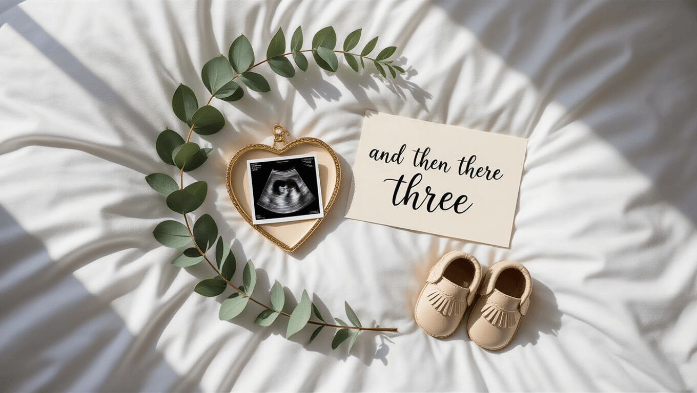 A minimalist pregnancy announcement flatlay featuring a black and white ultrasound in a gold heart frame, cream leather baby moccasins, a sprig of eucalyptus, and a hand-lettered card reading "And then there were three," all on a white duvet with soft morning light.