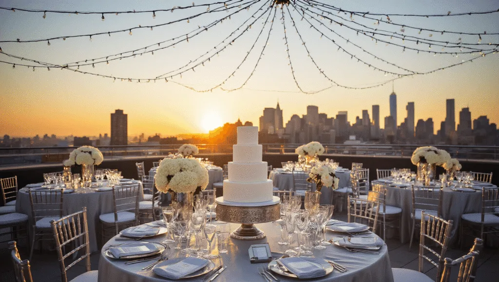 A luxurious rooftop anniversary celebration at golden hour, featuring round tables with silver silk linens, crystal stemware, elegant floral centerpieces, fairy lights overhead, and a three-tiered wedding cake, all set against a dramatic cityscape backdrop.