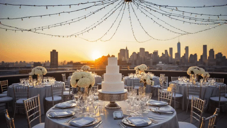 A luxurious rooftop anniversary celebration at golden hour, featuring round tables with silver silk linens, crystal stemware, elegant floral centerpieces, fairy lights overhead, and a three-tiered wedding cake, all set against a dramatic cityscape backdrop.