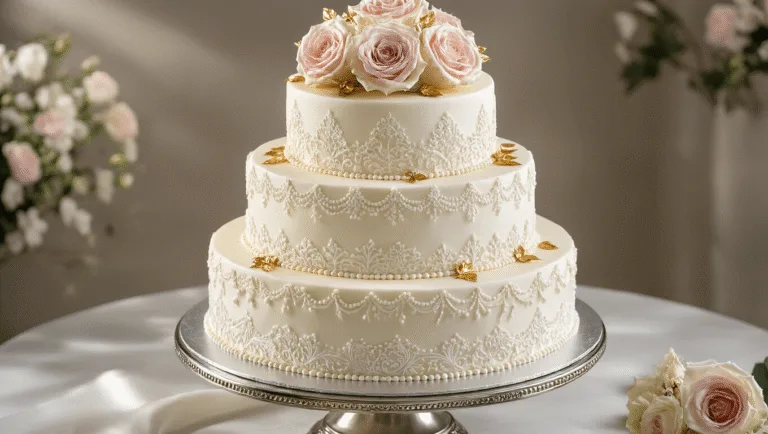 Luxurious three-tiered anniversary cake on a silver stand, adorned with white buttercream frosting, lace piping, gold leaf accents, and fresh blush pink and cream roses, with a softly blurred elegant background.