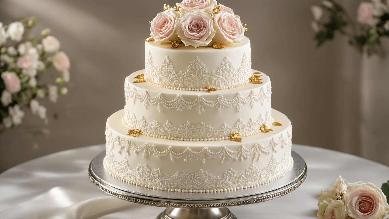 Luxurious three-tiered anniversary cake on a silver stand, adorned with white buttercream frosting, lace piping, gold leaf accents, and fresh blush pink and cream roses, with a softly blurred elegant background.