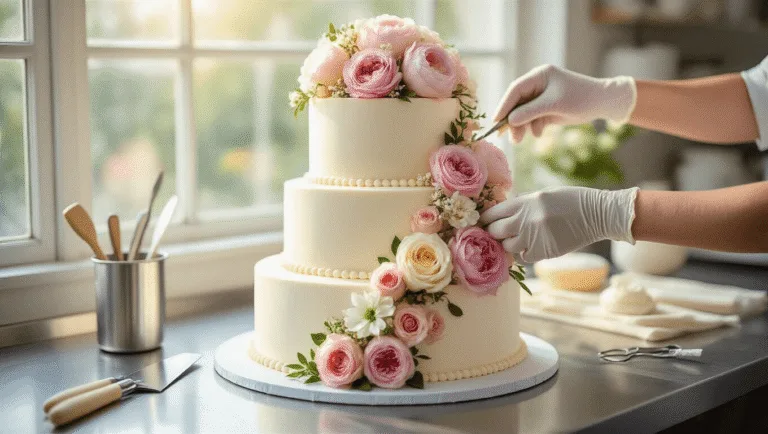 A photorealistic image of a three-tiered white wedding cake adorned with fresh pink and cream flowers, set in a bakery workspace with professional lighting and soft bokeh background.