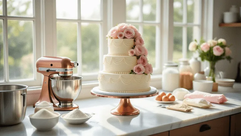 A three-tier wedding cake in preparation on a marble countertop, adorned with pearl-white buttercream frosting and pastel pink roses, surrounded by baking tools in a sunlit professional bakery.