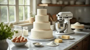Simple Wedding Cake: A Beginner's Guide to Creating Your Perfect Celebration Dessert Photorealistic wedding cake preparation scene in a bright kitchen featuring white cake tiers on silver boards, fresh ingredients, and floral decorations, captured with soft depth of field and elegant pastel tones.
