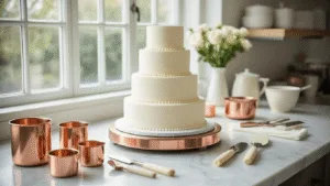 A bright and airy professional bakery studio showcasing a pristine stainless steel workstation with three elegantly leveled wedding cake tiers covered in soft white fondant, displayed on a rose gold turntable. The scene features organized baking tools, a luxurious marble countertop dusted with confectioner's sugar, and ambient natural lighting accentuating the cake's smooth texture.