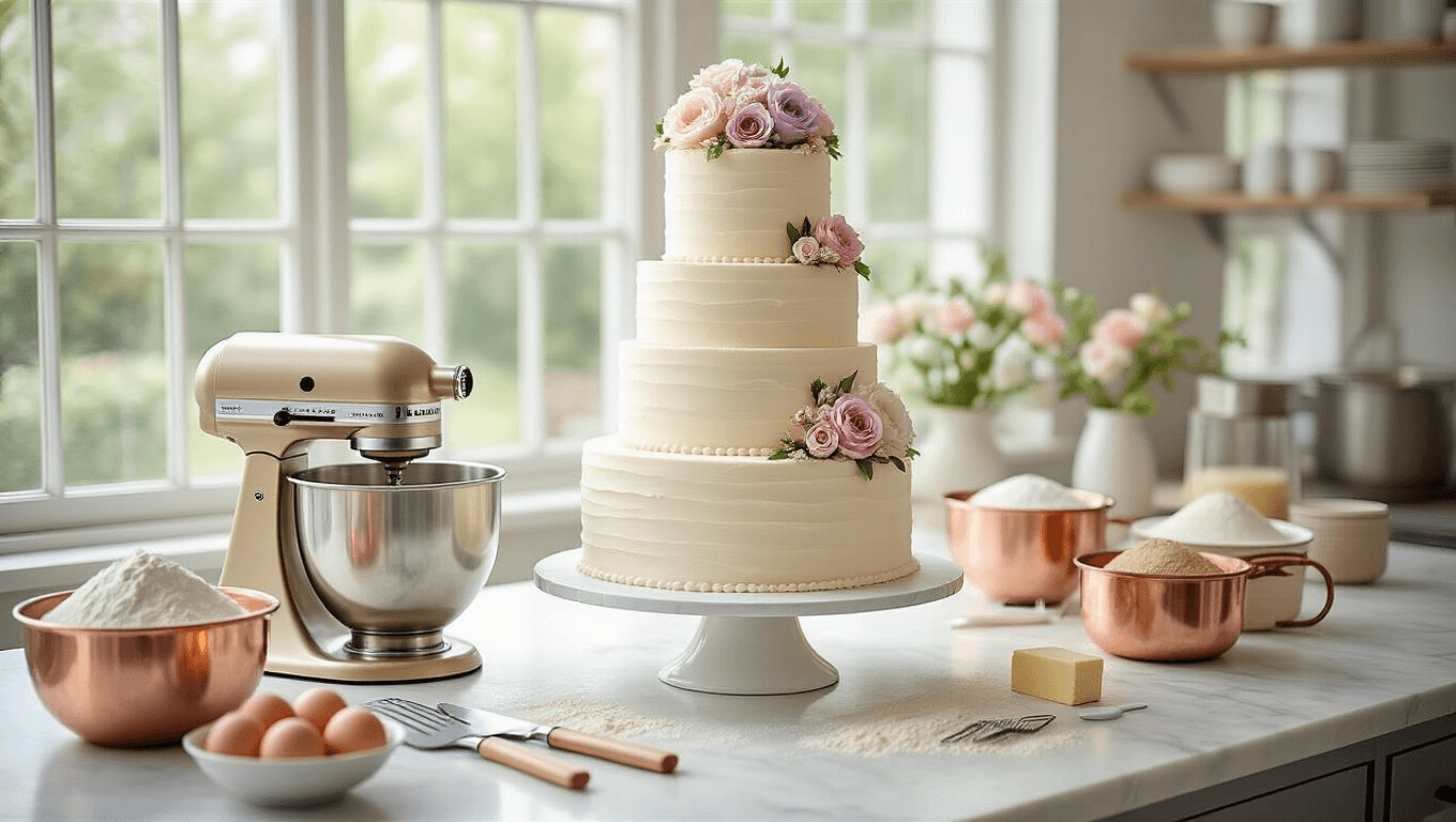 Photorealistic image of a pristine three-tiered wedding cake mid-assembly in a professional baking studio, featuring smooth ivory buttercream, pastel sugar flowers, and baking tools, illuminated by soft natural light.