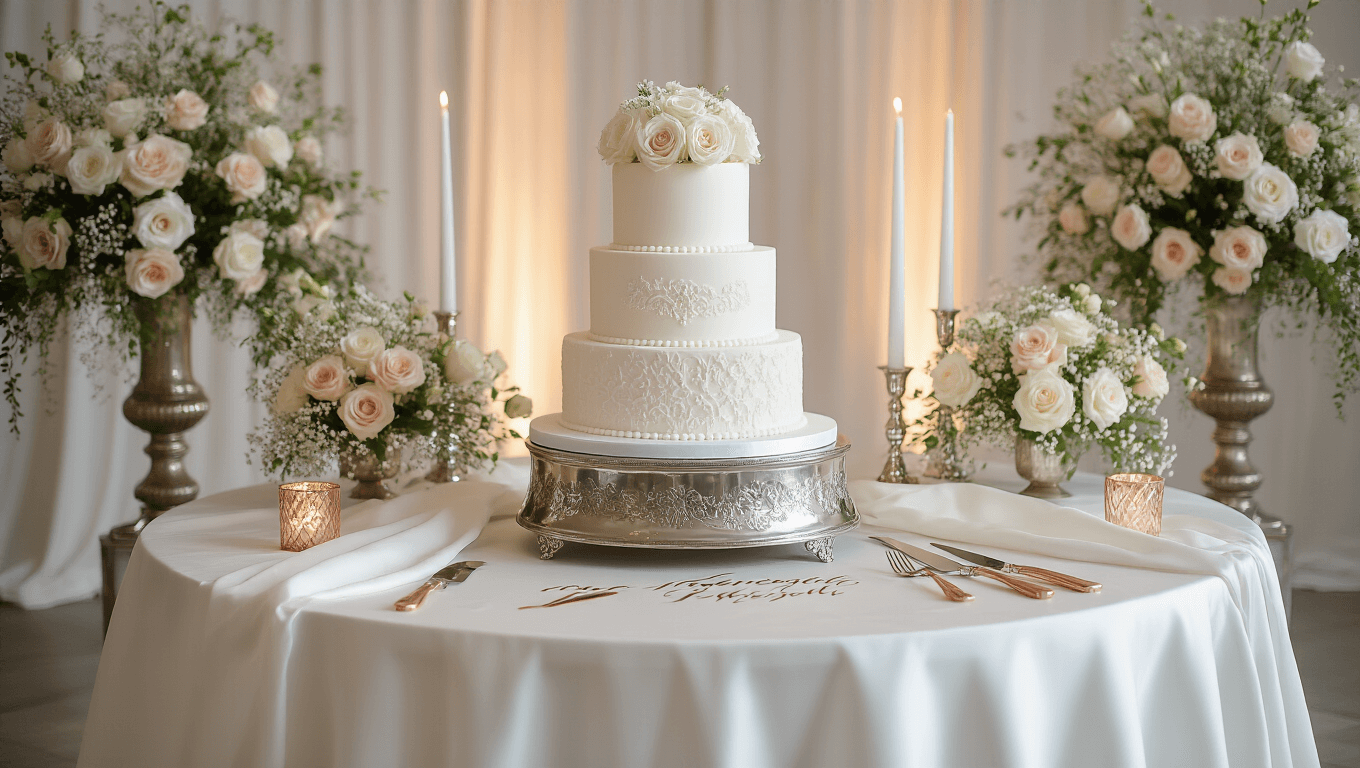 A luxurious wedding cake setup featuring a three-tier white fondant cake on a silver pedestal, surrounded by fresh flowers, ambient candlelight, and elegant decor in a softly lit venue.