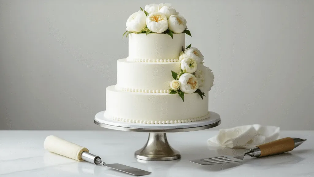 Elegant three-tiered white wedding cake adorned with fresh peonies and ivory roses on a polished silver stand, captured in soft natural lighting with a blurred gray background.