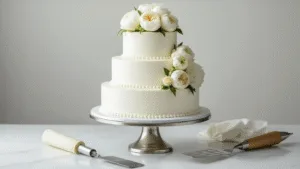 Elegant three-tiered white wedding cake adorned with fresh peonies and ivory roses on a polished silver stand, captured in soft natural lighting with a blurred gray background.