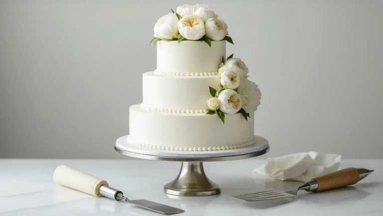 Elegant three-tiered white wedding cake adorned with fresh peonies and ivory roses on a polished silver stand, captured in soft natural lighting with a blurred gray background.